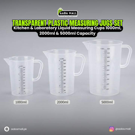 Transparent plastic measuring jugs set with capacities 1000ml, 2000ml, and 5000ml on a gray background. Brand 'Aaba Mall' is visible.