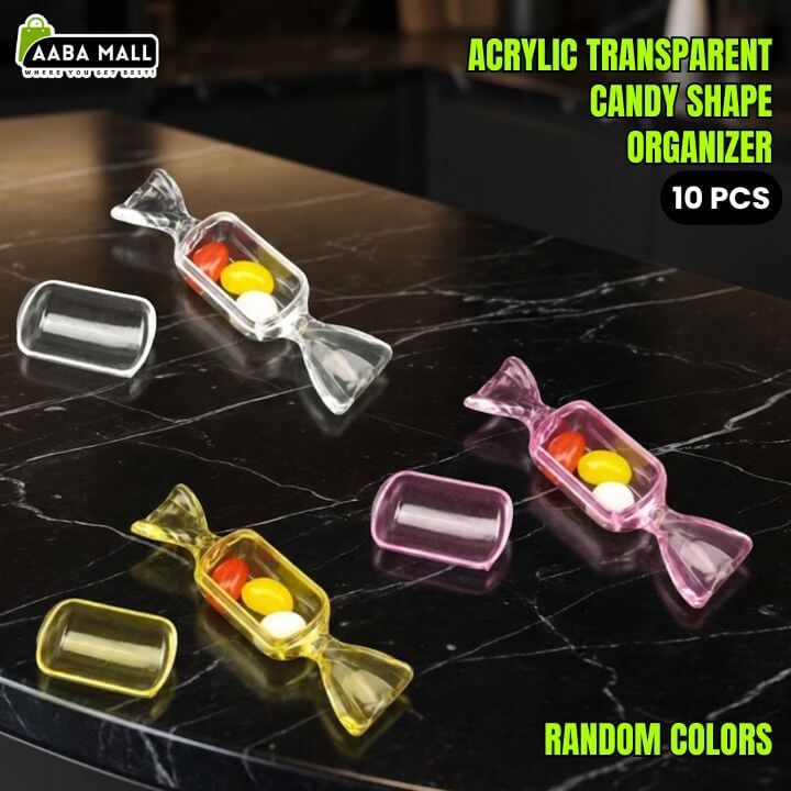 Acrylic transparent candy shape organizers on a dark marble surface with AABA MALL branding.