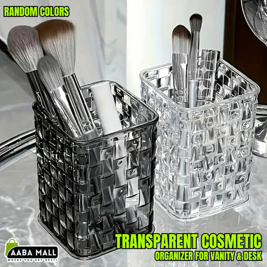 Transparent cosmetic organizer with makeup brushes on a vanity or desk, featuring AABA MALL branding.