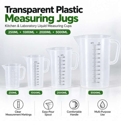 Transparent Plastic Measuring Jugs Set – Kitchen & Laboratory Liquid Measuring Cups (250ml, 1000ml, 2000ml & 5000ml Capacity)