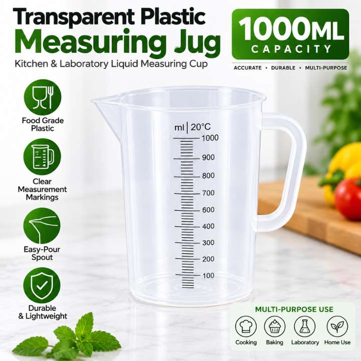 Transparent Plastic Measuring Jugs Set – Kitchen & Laboratory Liquid Measuring Cups (250ml, 1000ml, 2000ml & 5000ml Capacity)