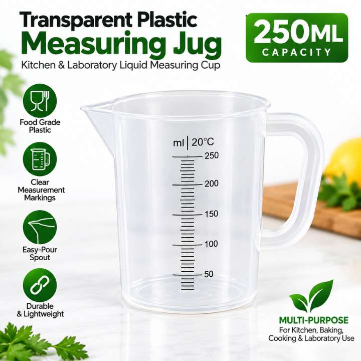 Transparent Plastic Measuring Jugs Set – Kitchen & Laboratory Liquid Measuring Cups (250ml, 1000ml, 2000ml & 5000ml Capacity)