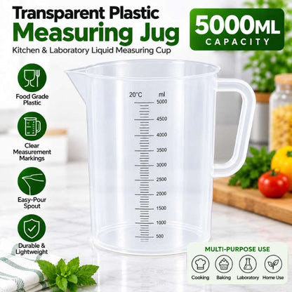Transparent Plastic Measuring Jugs Set – Kitchen & Laboratory Liquid Measuring Cups (250ml, 1000ml, 2000ml & 5000ml Capacity)