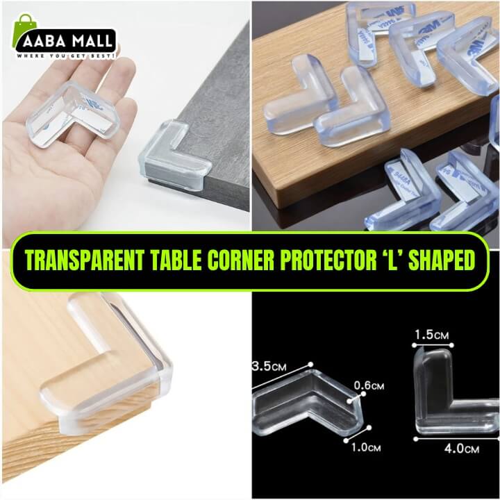 Transparent table corner protector 'L' shaped with AABA MALL branding on a collage of images.