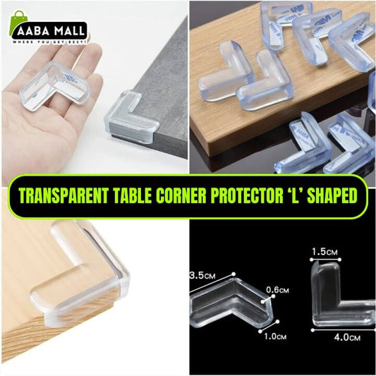 Transparent table corner protector 'L' shaped with AABA MALL branding on a collage of images.