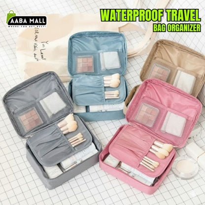 Portable waterproof travel makeup organizer cosmetic bag, open showing internal pockets, unisex toiletry carry case for bathroom storage