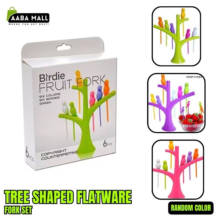 birds on tree shaped fruit fork set 6pcs
