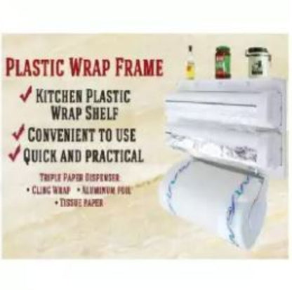 Wall mounted 3-in-1 triple paper dispenser holding kitchen roll, aluminum foil, and cling film with sliding safety cutters