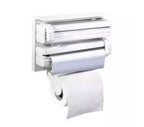 Wall mounted 3-in-1 triple paper dispenser holding kitchen roll, aluminum foil, and cling film with sliding safety cutters