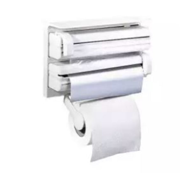 Wall mounted 3-in-1 triple paper dispenser holding kitchen roll, aluminum foil, and cling film with sliding safety cutters