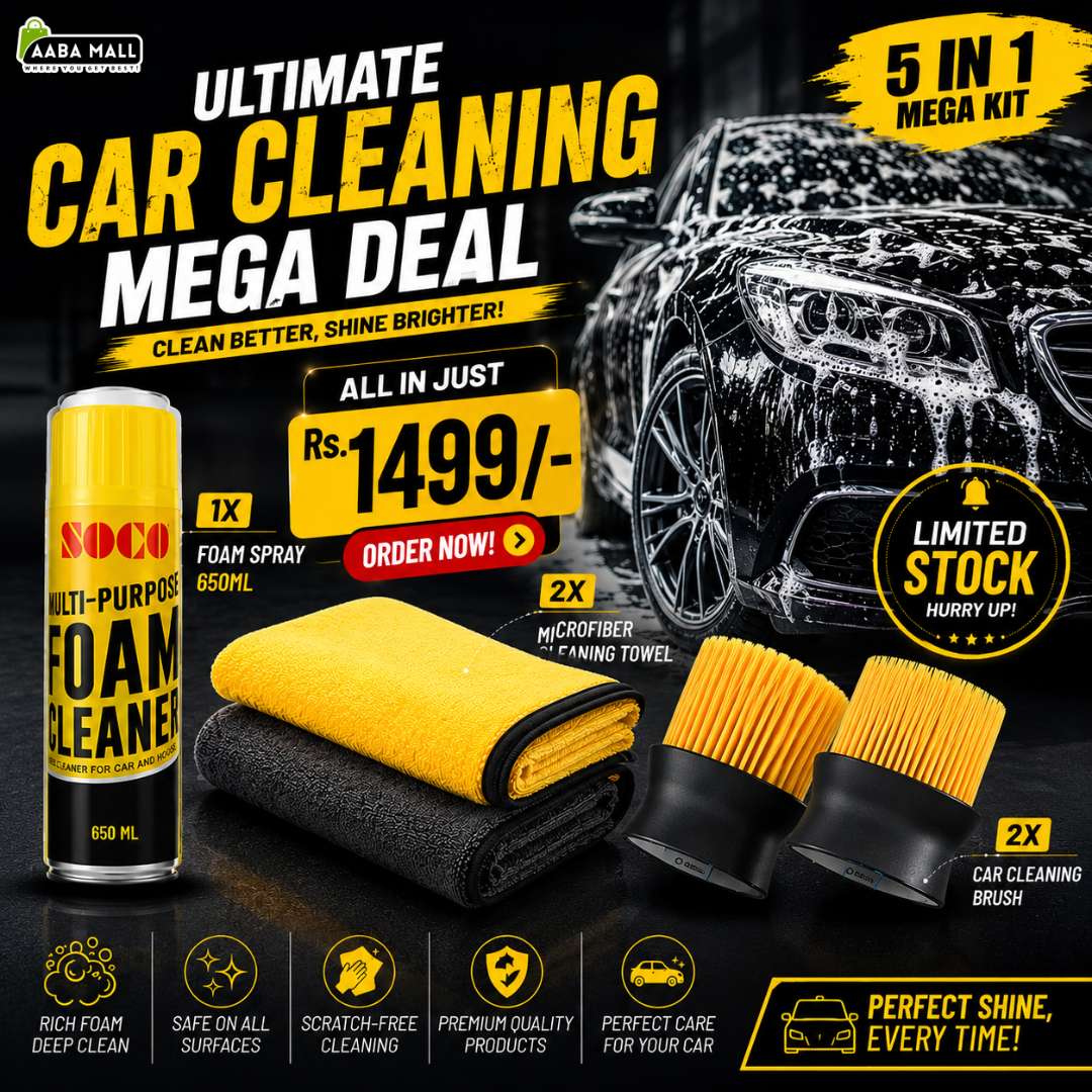 Car cleaning kit with foam spray, towels, and brushes on a dark background