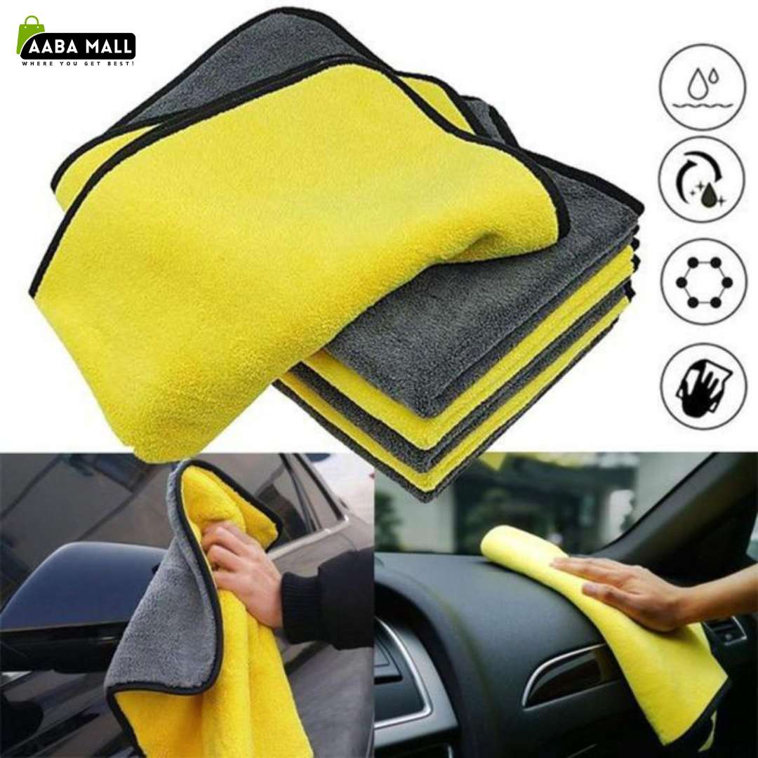 Set of yellow and gray microfiber cloths with AABA MALL branding and usage examples on a white background.