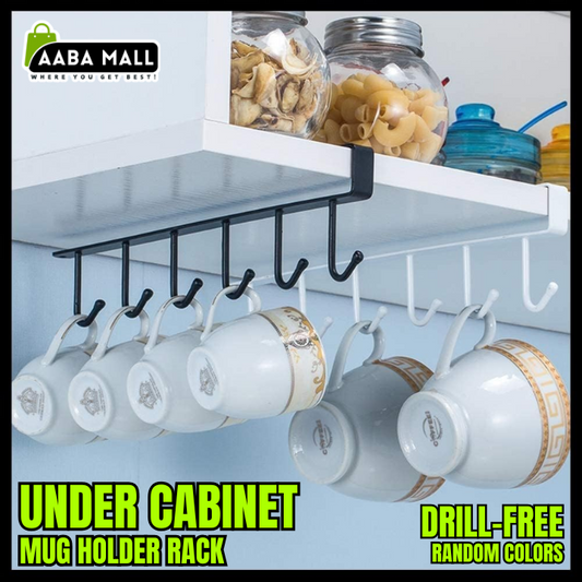 Under Cabinet Mug Holder Rack | Adhesive Coffee Cup Hooks | Drill-Free Metal Kitchen Organizer with 6 Hooks for Cups, Utensils, Belts & Scarves