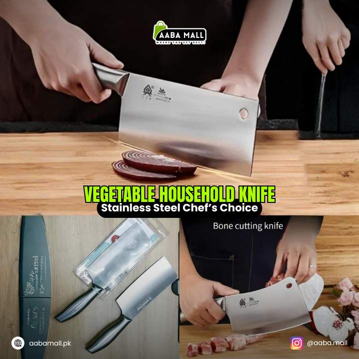 Stainless steel chef's knife being used on a wooden cutting board with AABA MALL branding.