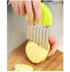 Crinkle cut wavy blade cutter, stainless steel kitchen tool for making French fry potatoes, chips, and decorative vegetable slices