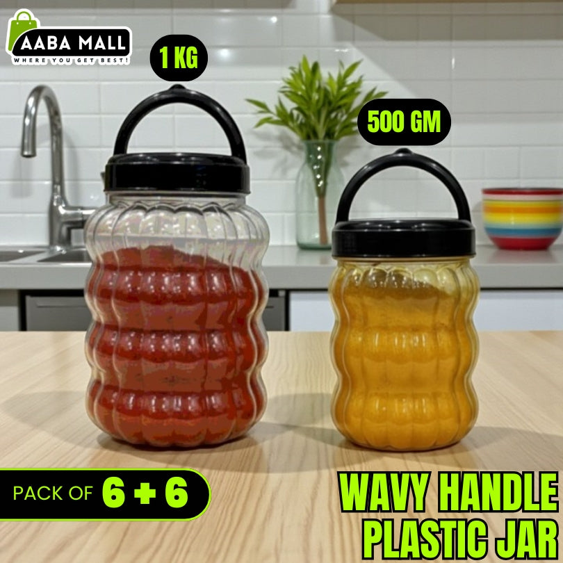Wavy Handle Premium Plastic Kitchen Storage Jar Set – 1KG, 500GM, 250GM Airtight Food Storage Containers (Made in Pakistan)