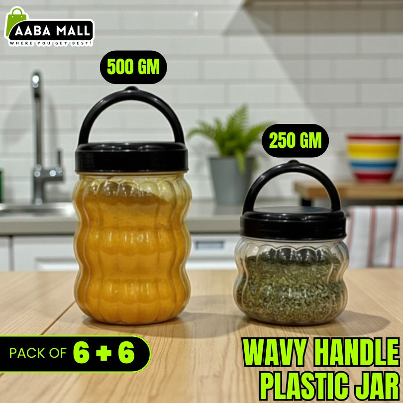 Wavy Handle Premium Plastic Kitchen Storage Jar Set – 1KG, 500GM, 250GM Airtight Food Storage Containers (Made in Pakistan)