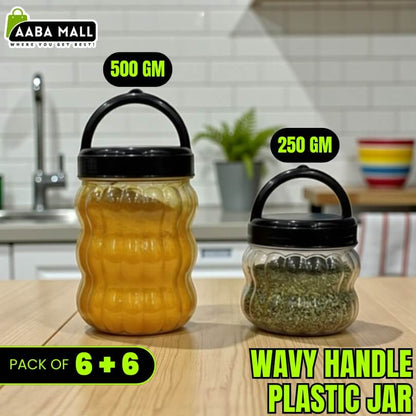 Two plastic jars with wavy handles on a kitchen counter, labeled with weight and quantity.