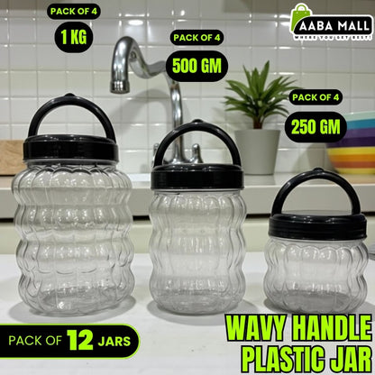 Wavy Handle Premium Plastic Kitchen Storage Jar Set – 1KG, 500GM, 250GM Airtight Food Storage Containers (Made in Pakistan)