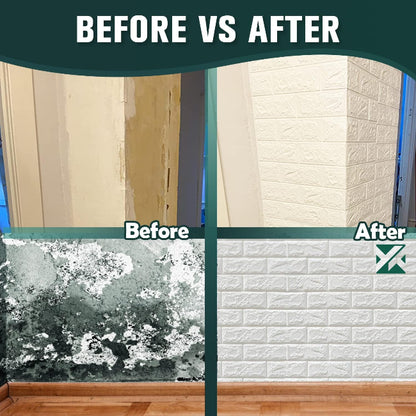 Close-up of installed 3D white brick wall panels showing realistic texture and soft foam padding on a living room wall. Size 77x74 cm