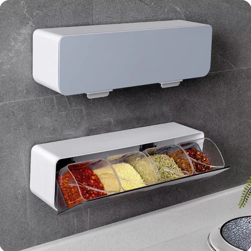 Condiment Box Kitchen Utensils One Multi Grid Spice Jar Combination 4 Grid Wall Mounted Salt Sugar MSG Storage Seasoning Box - AABA MALL