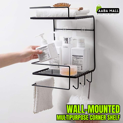 corner shelf, wall mounted storage rack, bathroom shelf, kitchen organizer, adhesive wall rack, no drill shelf, waterproof storage rack, bathroom accessories, space saving shelf