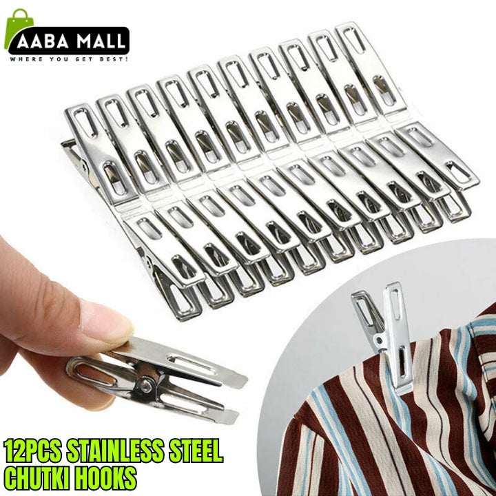 12pcs Stainless Steel CHUTKI Clips Clothing HOOKS Clamps Sealing Clip Household Clothespin Clothes Pegs - AABA MALL
