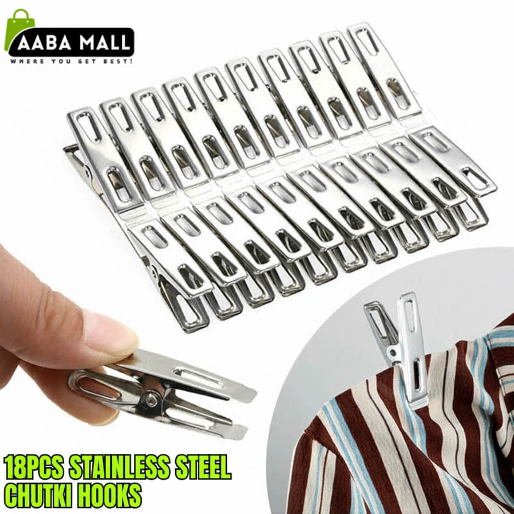 Set of 18 stainless steel chutki hooks with a hand holding one, on a white background.