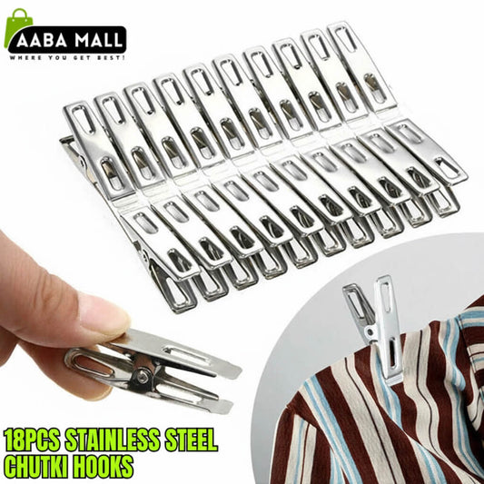 Set of 18 stainless steel chutki hooks with a hand holding one, on a white background.
