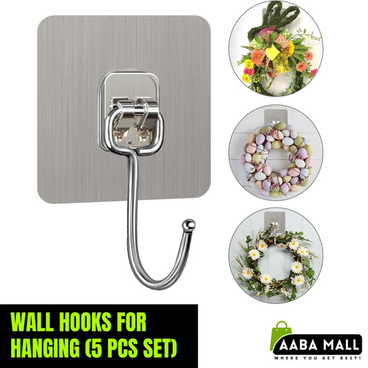 5-Piece Adhesive Wall Hook Set - Heavy-Duty Stainless Steel Utility Hooks (22lbs Capacity)