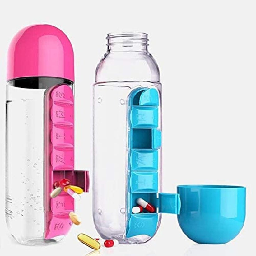 2 in 1 water bottle with pill organizer 600ml
