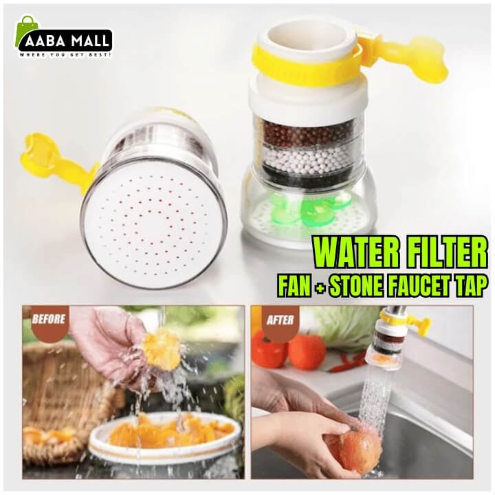 Water filter fan and stone faucet tap with before and after usage images on a white background.