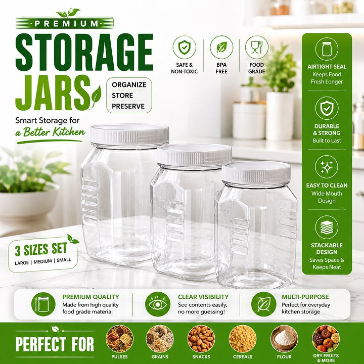 Three clear Plastic storage jars with white lids shown on a light kitchen countertop, with promotional text and feature icons around them. The image is designed as a product marketing graphic for AABAMALL.pk in Pkistan 