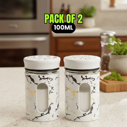 2-Piece Marble Glass Seasoning Bottle Set – 100ML Salt & Spice Shakers (Namak Dani)