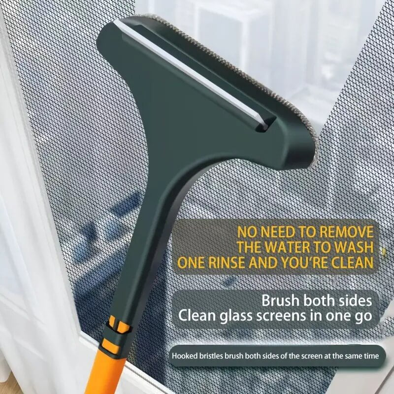 Window cleaning tool with squeegee and brush on a window screen background