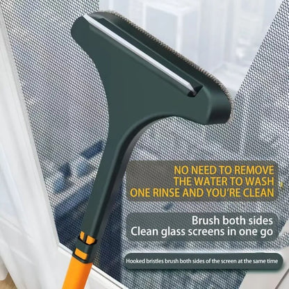 Window cleaning tool with squeegee and brush on a window screen background