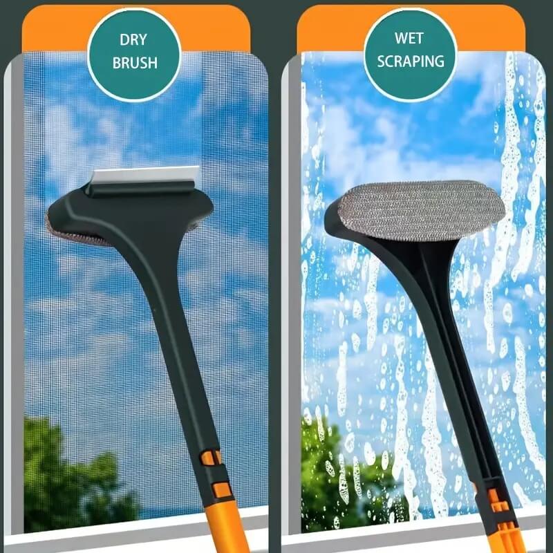 Two window cleaning tools labeled 'Dry Brush' and 'Wet Scraping' with a window cleaning demonstration in the background.