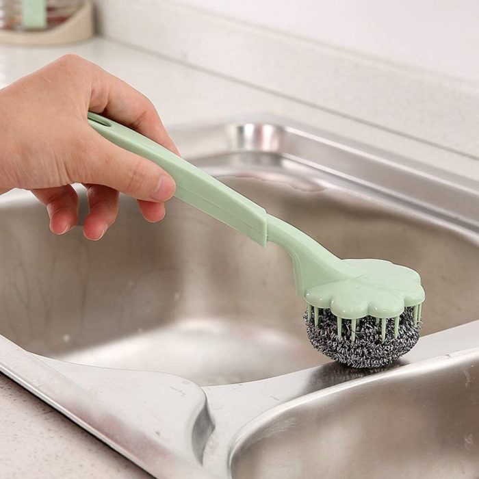 Wire Ball Brush With Long Handle Kitchen Hanging Cleaning Brush Pan Kitchen Dish Handle Washing Tool - AABA MALL