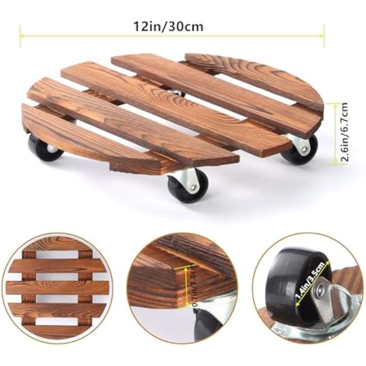 Wooden Plant Roller Stand with Lockable Wheels | Square & Round Plant Caddy | Heavy Duty Planter Trolley for Indoor & Outdoor Use