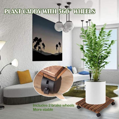 Wooden Plant Roller Stand with Lockable Wheels | Square & Round Plant Caddy | Heavy Duty Planter Trolley for Indoor & Outdoor Use