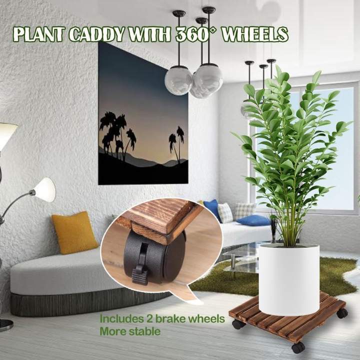 Wooden Plant Roller Stand with Lockable Wheels | Square & Round Plant Caddy | Heavy Duty Planter Trolley for Indoor & Outdoor Use