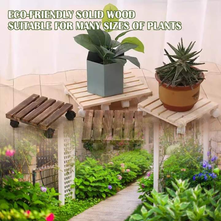 Wooden Plant Roller Stand with Lockable Wheels | Square & Round Plant Caddy | Heavy Duty Planter Trolley for Indoor & Outdoor Use