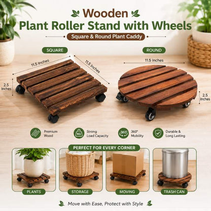 Wooden Plant Roller Stand with Lockable Wheels | Square & Round Plant Caddy | Heavy Duty Planter Trolley for Indoor & Outdoor Use