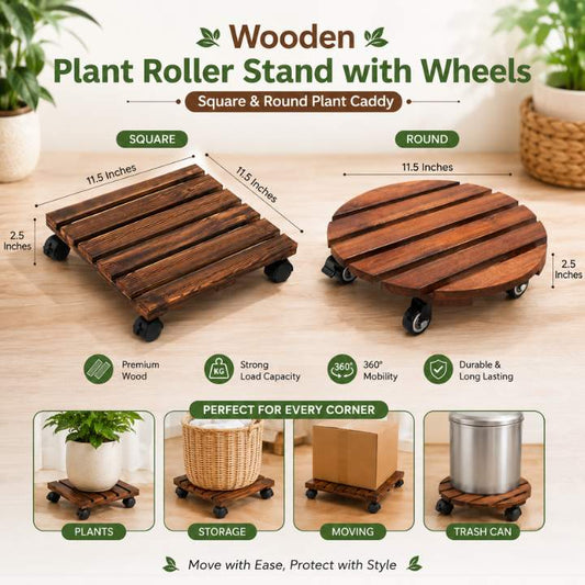 Wooden Plant Roller Stand with Lockable Wheels | Square & Round Plant Caddy | Heavy Duty Planter Trolley for Indoor & Outdoor Use