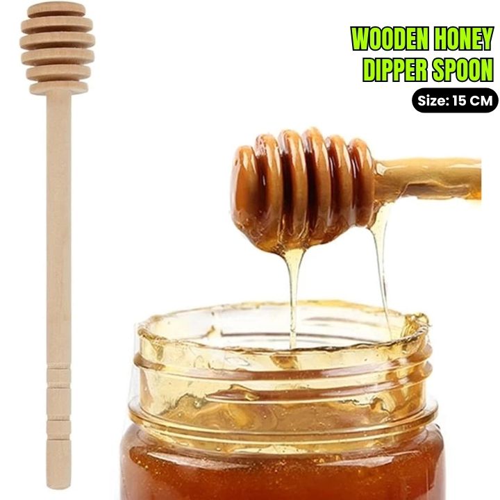 Wooden honey dipper spoon dripping honey into a jar with text indicating size.