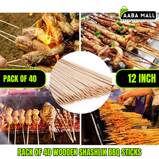A bundle of 40 natural, extra-long disposable bamboo BBQ skewers for shish kabobs and grilling, shown next to a plate of marinated chicken.