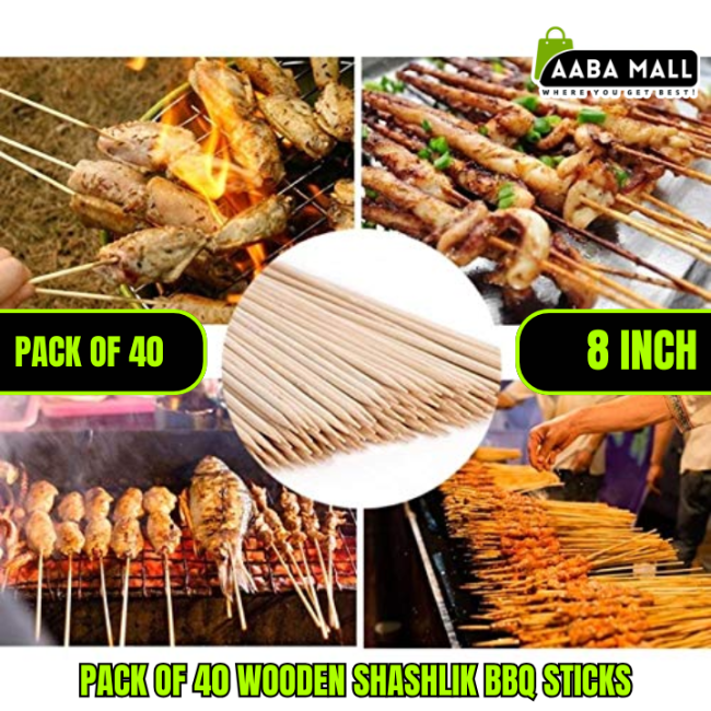 A bundle of 40 natural, extra-long disposable bamboo BBQ skewers for shish kabobs and grilling, shown next to a plate of marinated chicken.
