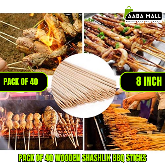 A bundle of 40 natural, extra-long disposable bamboo BBQ skewers for shish kabobs and grilling, shown next to a plate of marinated chicken.
