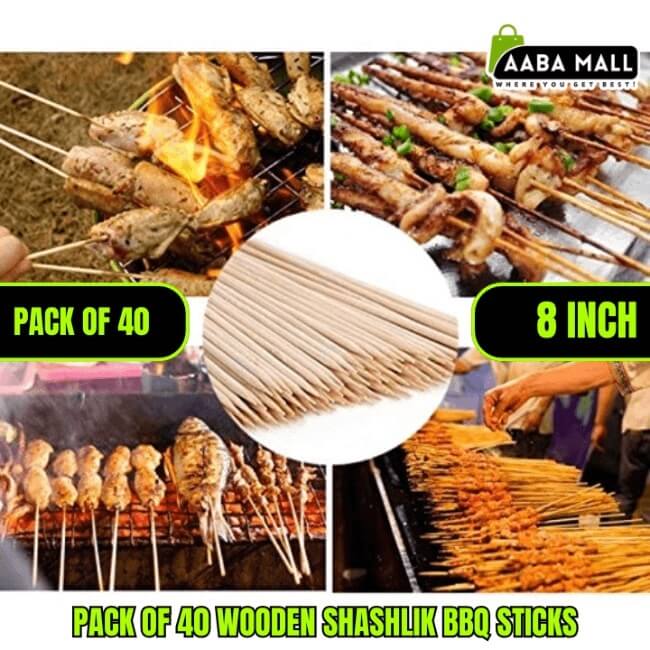 Pack of 40 wooden shashlik BBQ sticks, 8-inch bamboo skewers for commercial and home barbecues. Perfect for chicken tikka boti, seekh kabab, fish, and grilling. Aaba Mall branded product image showcasing skewers on an open flame grill.