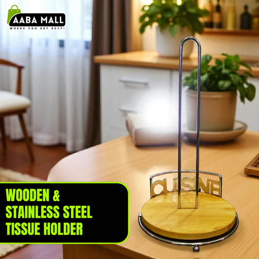 Wooden & Stainless Steel Tissue Holder – Adjustable Vertical Stand for Kitchen Roll, Cling Film, Paper Towels – Space-Saving Countertop Organizer with Sleek Metallic Finish